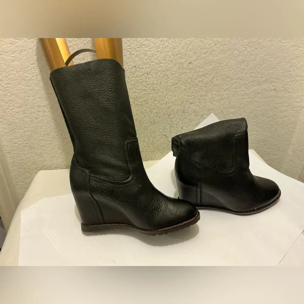 H.S. Trask Black Leather Mid-Calf Wedge Heeled Boot Shoe Women's Size 6M